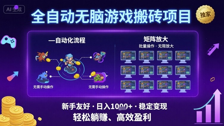 全自动无脑游戏搬砖项目，独家玩法，可批量矩阵无限放大，新手也能轻松日入1k+【揭秘】-网创副业教程