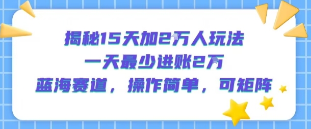 揭秘15天加2W人玩法，一天最少2万进账，蓝海赛道，操作简单，可矩阵-网创副业教程