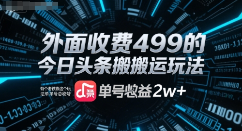 外面收费499的今日头条搬运玩法，有个老铁靠这个玩法单号总收益2w+-网创副业教程