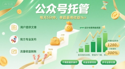 【公众号托管 】我提供文章，你发布，每天5分钟，单篇最高收益1k+【揭秘】-网创副业教程