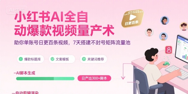 小红书AI全自动爆款视频量产术，助你单账号日更百条视频，7天搭建不封号矩阵流量池-网创副业教程