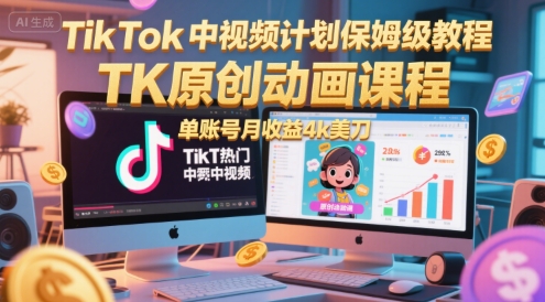 TikTok中视频计划保姆级教程，TK原创动画课程，单账号月收益4k美刀-网创副业教程