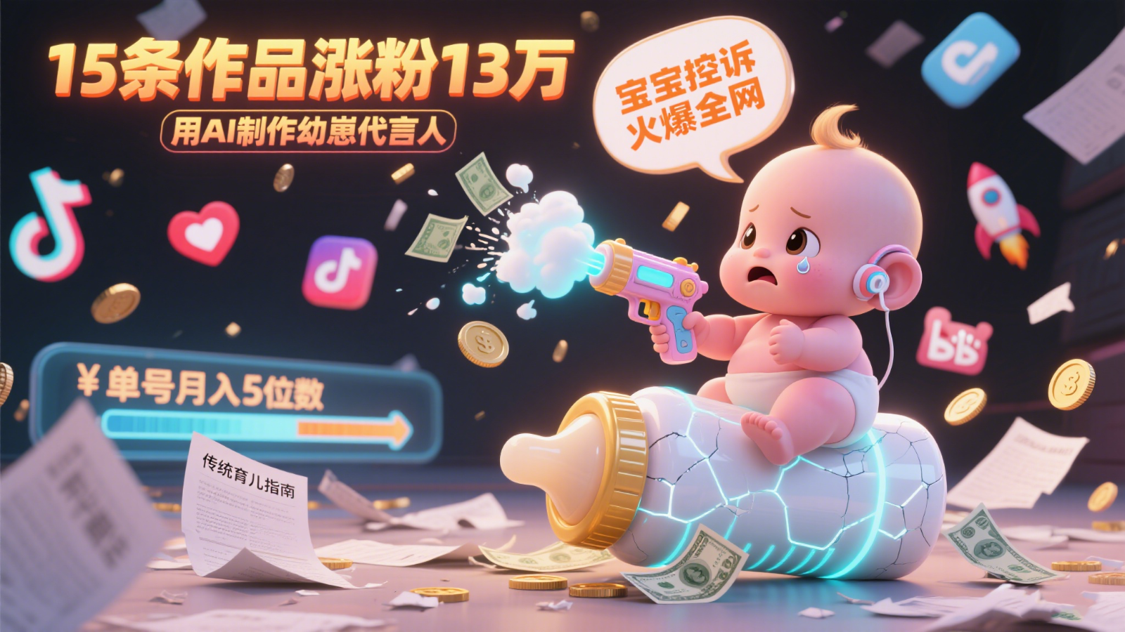 用AI制作幼崽代言人，宝宝的控诉火爆全网，15条作品涨粉13万，单号月入5位数实操教程-网创副业教程