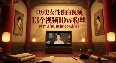 历史女性独白视频，13个视频10w粉丝，伙伴计划，视频号分成等-网创副业教程
