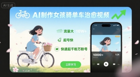 AI制作女孩骑单车治愈视频，流量大，起号快，快速起千粉万粉号-网创副业教程