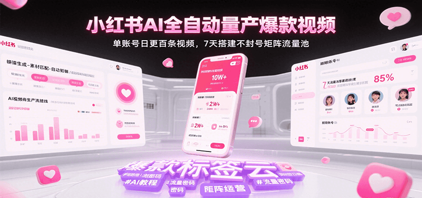 小红书AI全自动量产爆款视频，单账号日更百条视频，7天搭建不封号矩阵流量池-网创副业教程