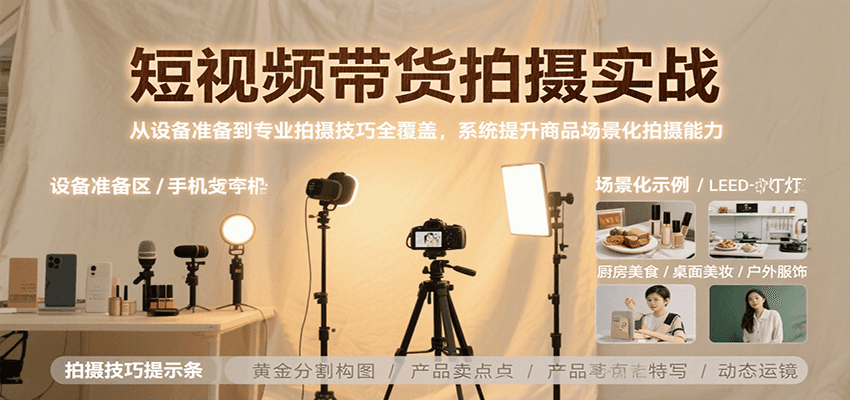 短视频带货拍摄实战，从设备准备到专业拍摄技巧全覆盖，系统提升商品场景化拍摄能力-网创副业教程