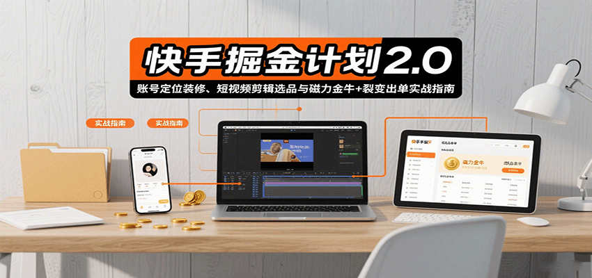 快手掘金计划2.0，账号定位装修、短视频剪辑选品与磁力金牛+裂变出单实战指南-网创副业教程