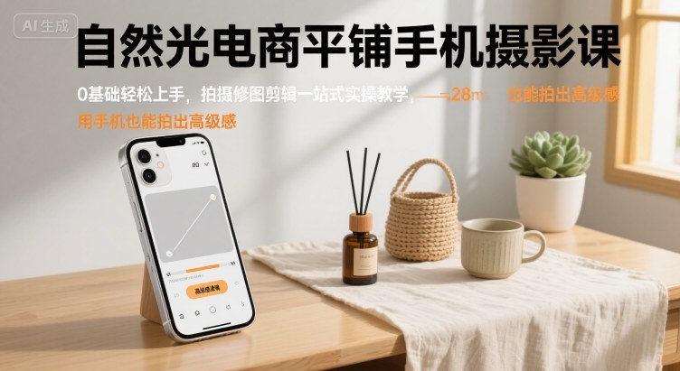 自然光电商平铺手机摄影课，0基础轻松上手，拍摄修图剪辑一站式实操教学，用手机也能拍出高级感-网创副业教程