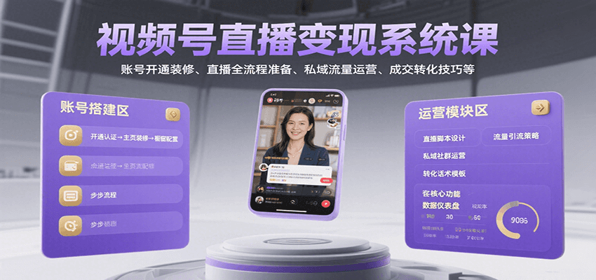 视频号直播变现系统课，账号开通装修、直播全流程准备、私域流量运营、成交转化技巧等-网创副业教程