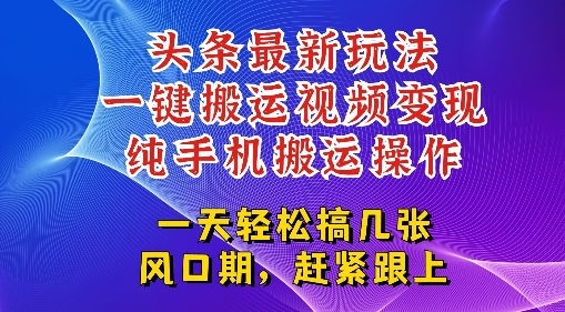 今日头条最新玩法，一键搬运视频也能轻松变现，随随便便就爆百W流量，新风口新玩法-网创副业教程