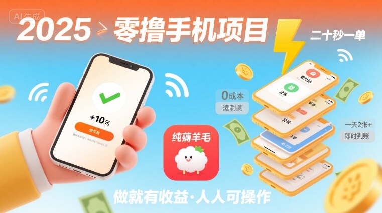 2025年零撸手机项目，二十秒一单，纯薅羊毛 一天2张+做就有-网创副业教程