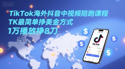 TikTok海外抖音中视频陪跑课程，TK最简单挣美金方式，1万播放挣8刀-网创副业教程