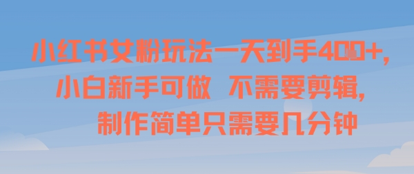 小红书女粉玩法一天到手4张，小白新手可做，不需要剪辑 制作简单只需要几分钟-网创副业教程