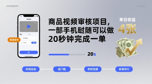 商品视频审核项目，一部手机随时随地都可以做，20秒钟完成一单，单日收益 4张【揭秘】-网创副业教程