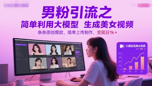 男粉引流之简单利用大模型生成美女视频，条条原创爆款，简单上传制作，变现日1k+-网创副业教程