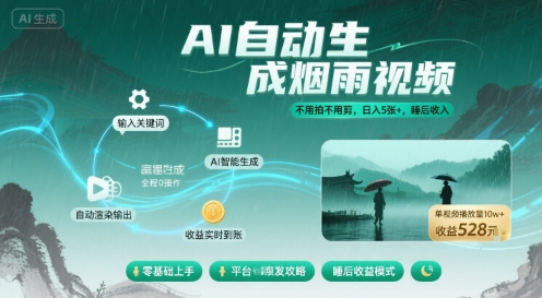 不用拍不用剪！AI自动生成烟雨视频，日入5张+，睡后收入-网创副业教程
