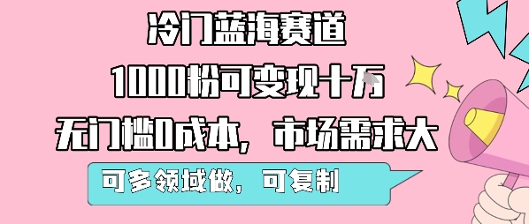 冷门蓝海赛道，1000粉可变现十W，无门槛0成本，市场需求大，可多领域做，可复制性强-网创副业教程