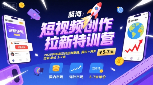 短视频创作拉新特训营，2025开年真正的蓝海赛道，国内+海外，拉新单价5-7米-网创副业教程